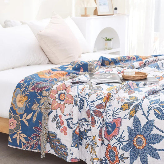 Bohemian Floral Woven Bedspread – Lightweight Cotton Tapestry Blanket with Fringed Edges
