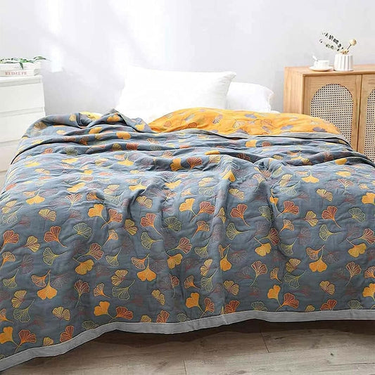 Reversible Cotton Leaf Quilt Blanket – Lightweight Printed Bedspread for All-Season Comfort