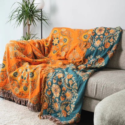 Boho Reversible Floral Woven Throw Blanket – Fringed Cotton Tapestry for Bed, Couch or Lounge