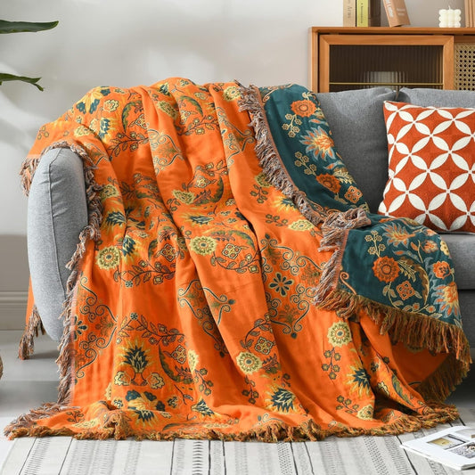 Boho Reversible Floral Woven Throw Blanket – Fringed Cotton Tapestry for Bed, Couch or Lounge